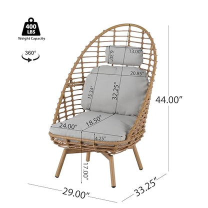 Ellis Swivel Lounge Chair Outdoor, High Back Comfy Reading Chair with Cushion, Iron Frame Wicker Accent Chair, Single Sofa Chair Patio Furniture Set, Light Brown+Light Gray