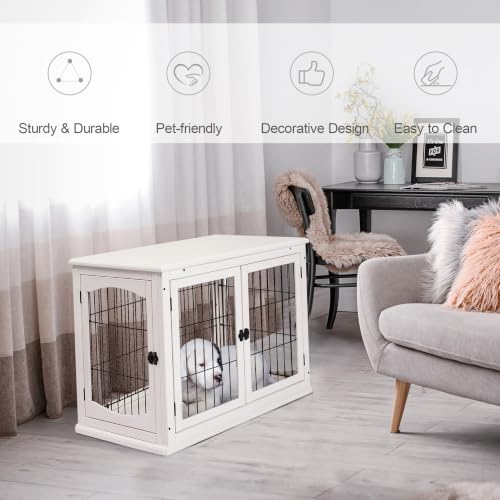 Dog Crate Furniture 32" Small Dog Cage End Table with 2 Doors White, view 4