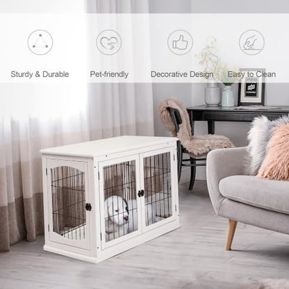 Dog Crate Furniture 32" Small Dog Cage End Table with 2 Doors White, view 4