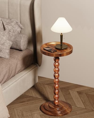 Round Wooden Side Table & Drink Table | Sturdy & Functional Mid-Century Modern Design with Solid Wood Columns for Living Room, Bedroom, Office & More