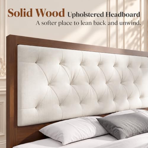Solid Wood Queen Bed Frame with 51" Tall Upholstered Headboard, Walnut, view 6