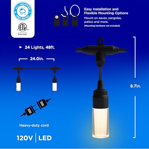 Modern Outdoor String Lights, 48ft, 24 Cylindrical Shatterproof Bulbs, Cool White 4000K, Weatherproof, Commercial Grade Patio Lighting, 87751