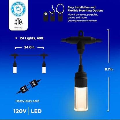Modern Outdoor String Lights, 48ft, 24 Cylindrical Shatterproof Bulbs, Cool White 4000K, Weatherproof, Commercial Grade Patio Lighting, 87751
