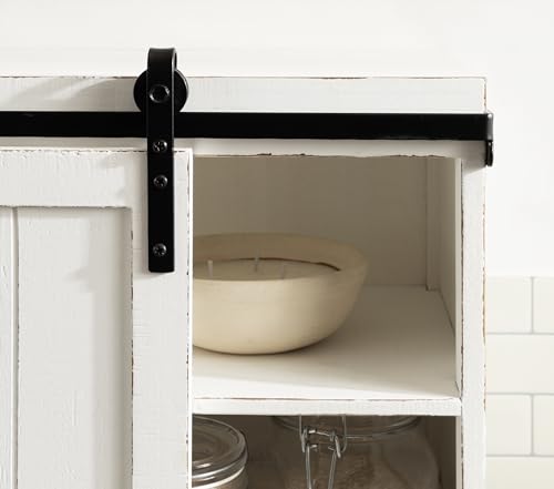 Cates Decorative Wood Floating Side Table with Sliding Barn Door; 20 x 12 x 15; Rustic White; Farmhouse Wooden Floating Wall Cabinet for Versatile Home Storage