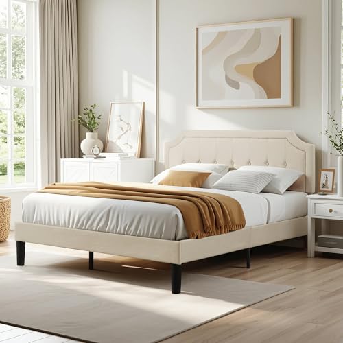 Queen Size Platform Bed Frame with Fabric Upholstered Headboard and Wooden, view 6