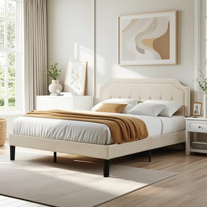 Queen Size Platform Bed Frame with Fabric Upholstered Headboard and Wooden, view 6