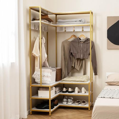 Corner Coat Rack with Shoe Bench, L-Shaped Garment Rack with 5 Shelves & 7 Hooks, Heavy Duty Freestanding Clothes Racks Entryway Bench with Shoes Organizer for Hallway (White & Gold)