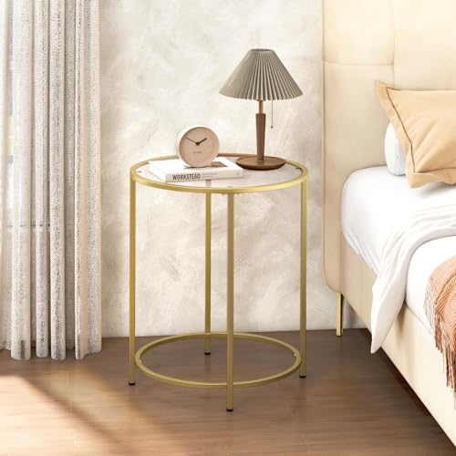 Round Side Table, Modern Style Coffee Table, Sofa Table, Table with Metal Shelves and Glass Top, End Table for Living Room, Bedroom, Balcony, Patio, (H) 25.59 inch× (D) 19.69 inch, Gold