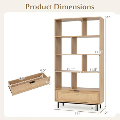64" Tall Bookshelf with Rattan Drawer, 6-Tier Wood Bookcase with 8 Open Storage Cubes, Metal Legs, Freestanding Display Storage Organizer for Living Room, Home Office, Kitchen (Natural)