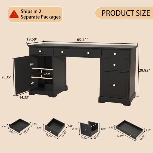 Black Executive Desk with Drawers: 60" Farmhouse Home Office Desks, view 3