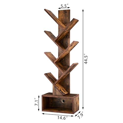 6 Tier Tree Bookshelf, Tall Bookcase with Drawer, Freestanding Book Shelf, Display Floor Standing Storage Shelf, Book Organizer Shelves for Home Office, Rustic Brown