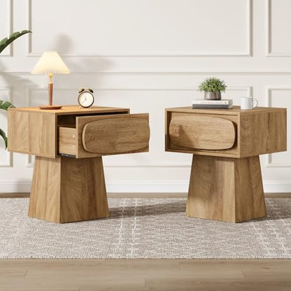 Tribesigns 2PCS End Table with Storage Drawer, Modern Wooden Side Table with Curved Handle, Small Nightstand for Living Room, Bedroom, Small Spaces (Natural Wood Color)