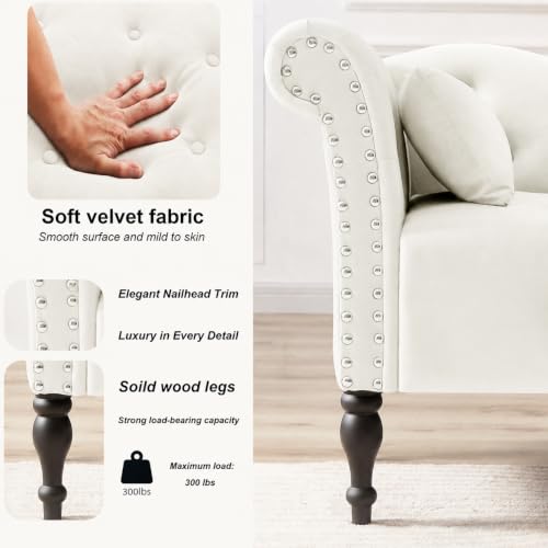 Velvet Chaise Lounge with Tufted Buttons & Nailhead Trim, view 6