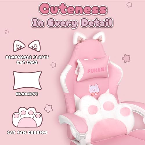 Pink Gaming Chair Cute with Cat Ears and Cat Paw Lumbar Cushion, Ergonomic Computer Chair for Girl with Footrest and Headrest, Comfortable Reclining PC Game Chair for Adult, Teen (Pink)