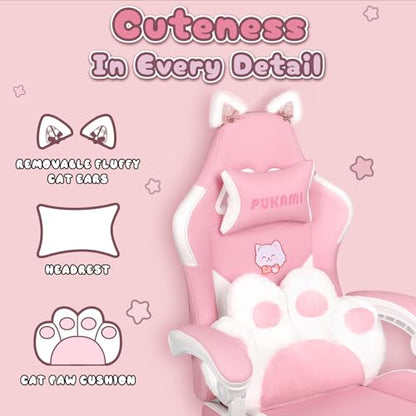 Pink Gaming Chair Cute with Cat Ears and Cat Paw Lumbar Cushion, Ergonomic Computer Chair for Girl with Footrest and Headrest, Comfortable Reclining PC Game Chair for Adult, Teen (Pink)