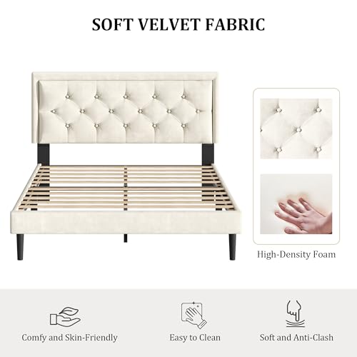 Queen Size Platform Bed Frame with Upholstered Velvet Button Tufted Headboard, view 4