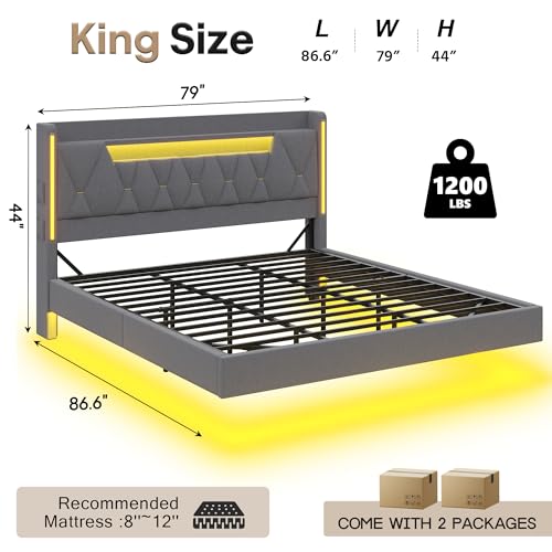 Floating Bed Frame King with Storage Headboard, King Size Bed Frame, Gray, view 3
