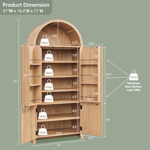 71" Tall Arched Bathroom Storage Cabinet, Modern Fluted Storage Cabinet w/Doors, 3 Adjustable Shelves, 6 Door Shelves, Wood Freestanding Cabinet for Bathroom, Entryway, Hallway, Natural
