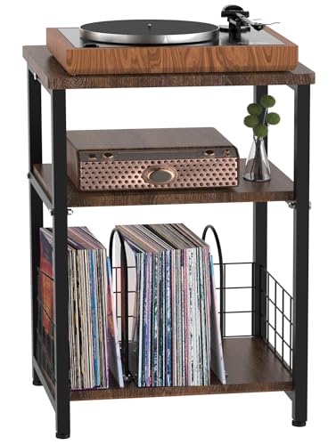 Record Player Stand, 3 Tier Side End Table with Vinyl Record Storage Basket, Turntable up to 100 Albums Record Shelf Display Holder Cabinet for Living Room, Bedroom, Office, Black