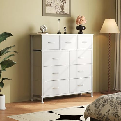 Dresser for Bedroom, Storage Organizer with 9 Drawers, Chest of Drawers with Fabric Bins, Sturdy Metal Frame, Wood Tabletop for Guest Room, Closet, Entryway, White