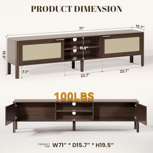 Rattan TV Stand for Living Room Walnut 71", view 3
