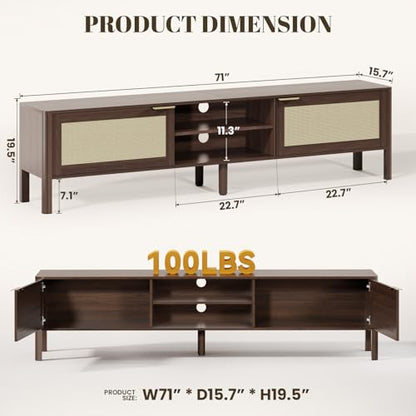 Rattan TV Stand for Living Room Walnut 71", view 3
