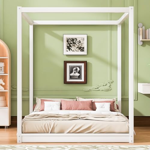 Queen Size Canopy Bed, Wood Queen Platform Floor Bed with Slat Support, view 5