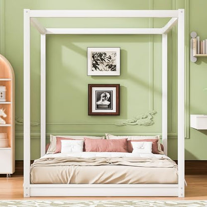 Queen Size Canopy Bed, Wood Queen Platform Floor Bed with Slat Support, view 5