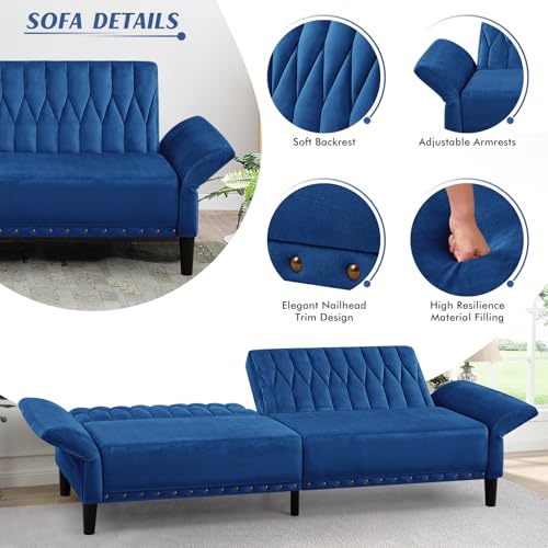 77” Velvet Sofa Bed with Adjustable Armrests and Backrests, Blue | Tufted Convertible Futon Couch with Nailhead Trim, Loveseat Modern Velvet Sleeper Sofa for Living Room,Bedroom,Office