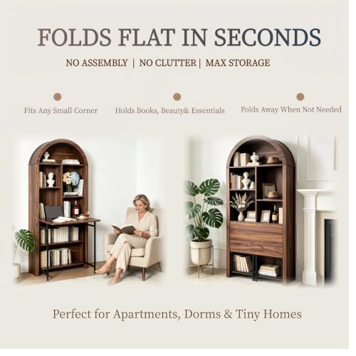 Folding Desk with Storage, Arched Craft Desk with Bookshelf-Walnut, view 7
