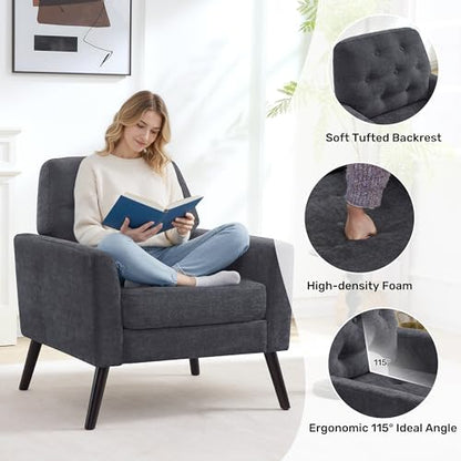 Accent Chair for Living Room, Mid Century Modern Reading Chair, Upholstered Armchair with Tufted Back & Wood Legs, Single Sofa Side Chair for Bedroom Small Room Office Apartment, Dark Grey