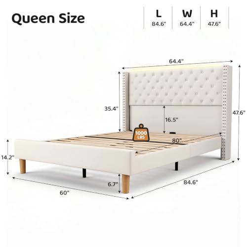 Queen Upholstered Bed Frame with RGB LED Lights and Charging Station, view 3