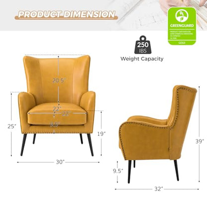 Faux Leather Accent Chair with Removable Cushion, Comfy Upholstered Armchair with Black Metal Legs & Nailhead Trim Wingback Vanity Chair for Reading Living Room Bedroom, Yellow
