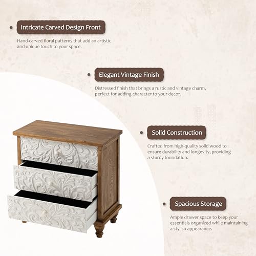 3 Drawer Farmhouse Dresser with Embossed Weathered Flower Motif, Vintage Nightstand for Bedroom, Almost Fully-Assembled, Boho, Natural Wood, White