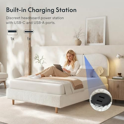 FLEXISPOT Queen Size Boucle Bed Frame with Charging Station&Light, White, view 6
