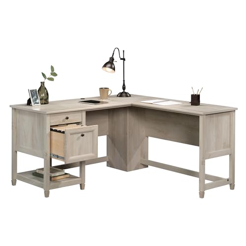 Edge Water L-Shaped Corner Desk with Storage Drawers and Open Shelf, in Chalked Chestnut