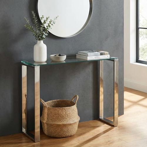 Forli Small Entry Way Console Table Contemporary Glass and Stainless Steel Finish 28 in Wide Accent, Silver and Clear