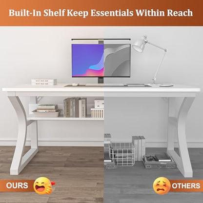 Computer Desk, 55x24 in Computer Desk, Office Desk w/Storage & U-Size Metal Frame for Home Office Bedroom Gaming, Office Desk w/Water-Resistant, Scratchproof Surface, White