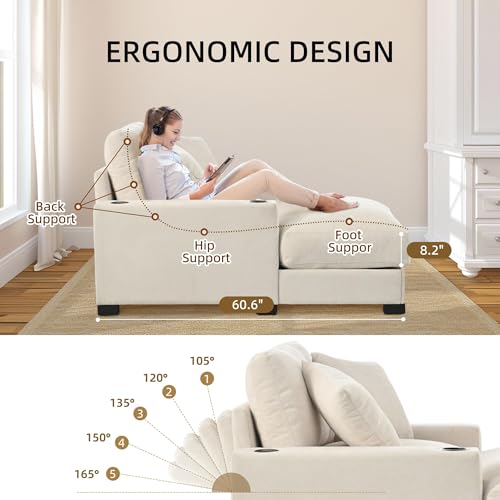 60" Oversized Chaise Lounge Chair Indoor with Adjustable Backrest & Charging, view 7