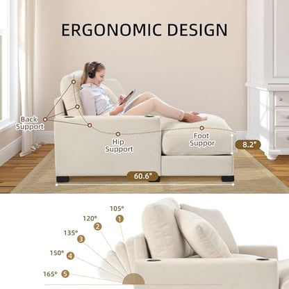 60" Oversized Chaise Lounge Chair Indoor with Adjustable Backrest & Charging, view 7