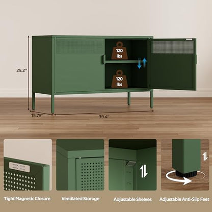 Metal Storage Cabinet with 2 Doors & Adjustable Shelves, 25" H Green Accent Cabinet, Metal Locker Storage Cabinets, Tv Stand Cabinet for Home, Office, Living Room, Entryway