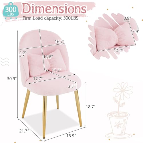 Fluffy Girls Vanity Chair with Back & Pillow,Cute Small Cozy Desk Chair No Wheels,Comfy Makeup Ch with Ajustable Gold Legs,for Bedroom,Living Room,Small Space,Pink