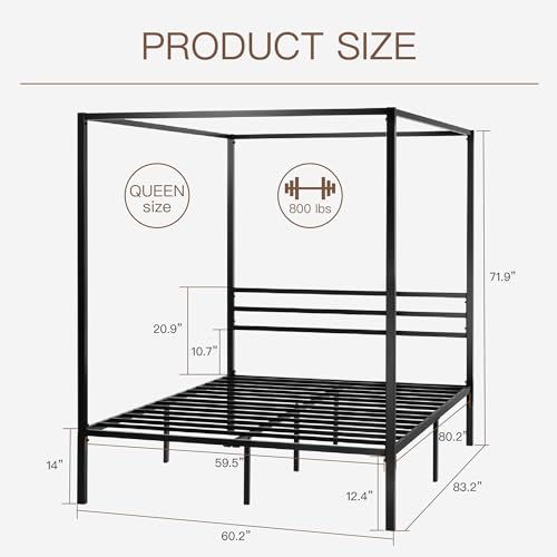 Queen Size Metal Canopy Bed Frame, Heavy-Duty Support, Black, view 3