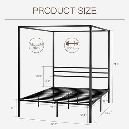 Queen Size Metal Canopy Bed Frame, Heavy-Duty Support, Black, view 3