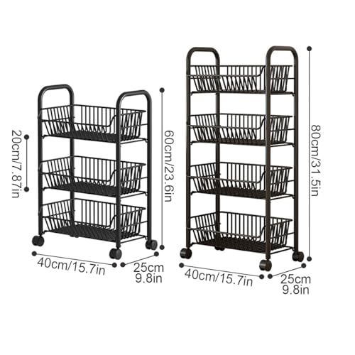 3 Tier Rolling Cart,Simple Trending 4 Tier Rolling Fruit Vegetable Basket Cart with 4 Detachable Wheels,Storage Rack for Kitchen,Bedroom for Bread Onion Potatoes(4 Floors)