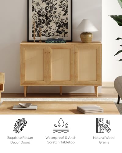 Rattan Storage Cabinet with 3 Doors, Boho Sideboard Buffet Cabinet Wooden Farmhouse Credenza Cabinet with Adjustable Shelves for Living Room Kitchen Entryway Hallway, Natural Oak