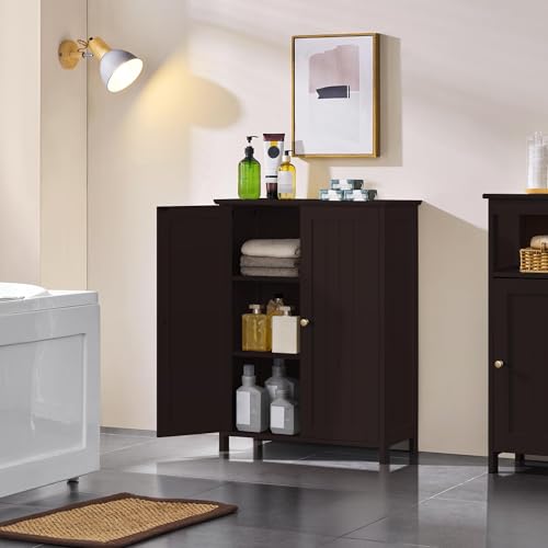 Yaheetech Bathroom Floor Cabinet, Modern Storage Freestanding Organizer Cabinet with Adjustable Shelves & Double Doors, 3-Tier Home Living Room Furniture, Espresso