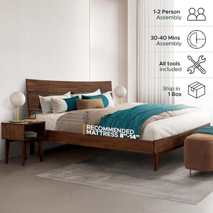 Acacia Aurora King Solid Wood Bed Frame with Headboard – Gift Matching Nightstand Included, Mid-Century Modern Farmhouse, Walnut Finish, 800 lbs Capacity, Sturdy, No Box Spring, Easy Assembly