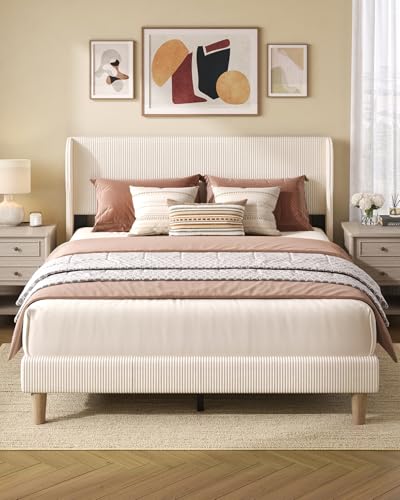 Queen Bed Frame with Wingback Headboard,Upholstered,Beige, view 7