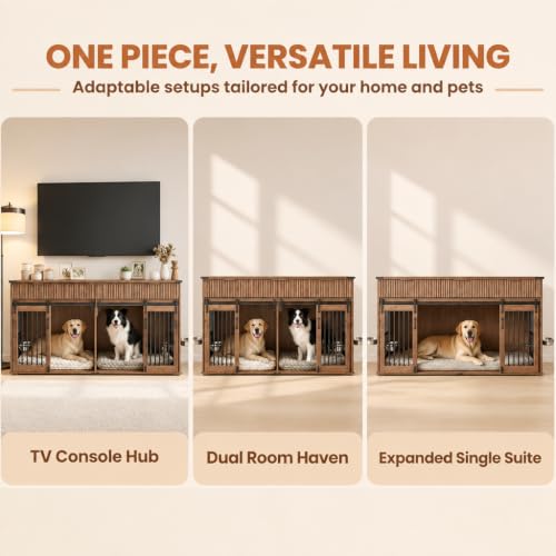 71" Double Dog Crate Furniture, Walnut Furniture Crate with Dividers., view 6